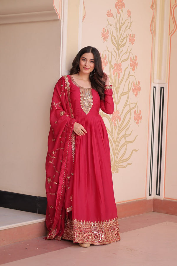Rani Pink Elegant Star Georgette Gown with Zari & Sequins Embroidery and Designer Dupatta ClothsVilla