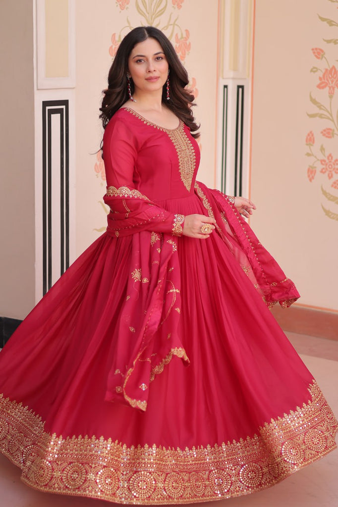 Rani Pink Elegant Star Georgette Gown with Zari & Sequins Embroidery and Designer Dupatta ClothsVilla