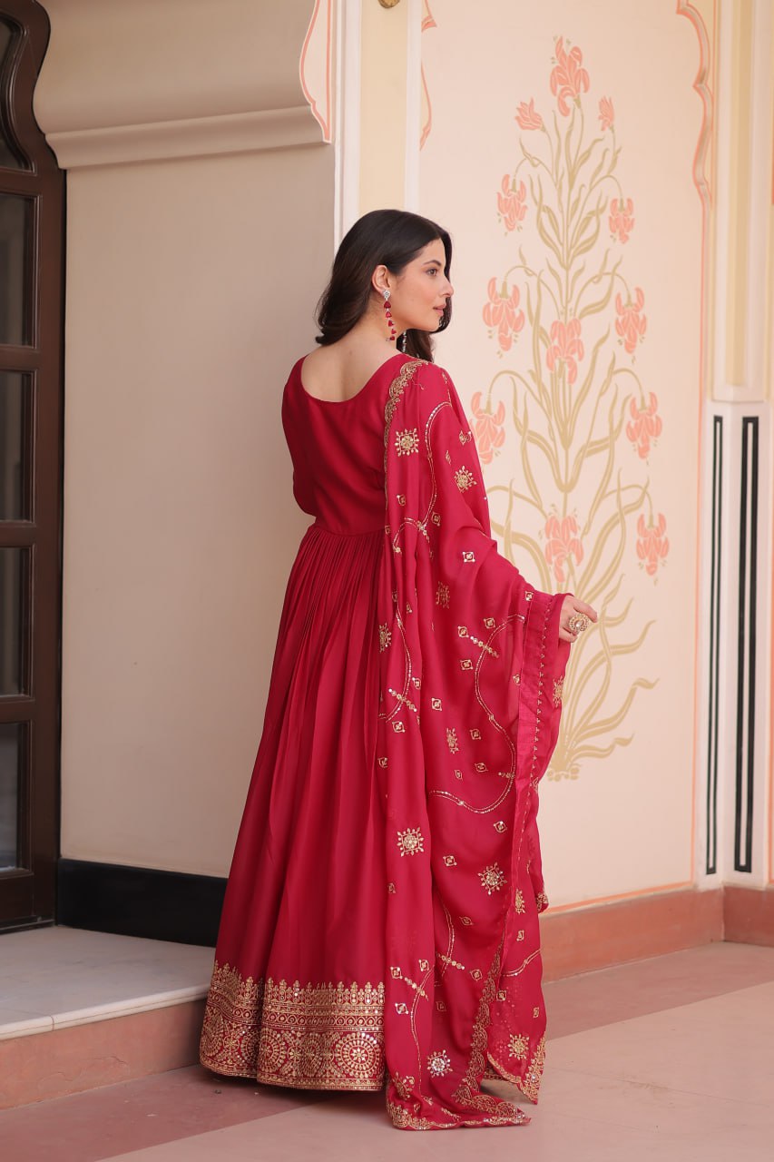 Rani Pink Elegant Star Georgette Gown with Zari & Sequins Embroidery and Designer Dupatta ClothsVilla