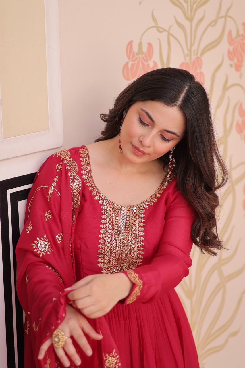 Rani Pink Elegant Star Georgette Gown with Zari & Sequins Embroidery and Designer Dupatta ClothsVilla