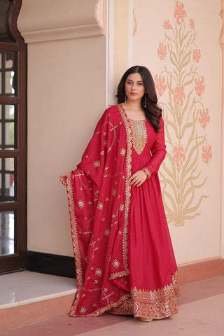 Rani Pink Elegant Star Georgette Gown with Zari & Sequins Embroidery and Designer Dupatta ClothsVilla