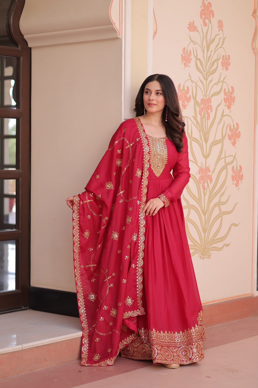 Rani Pink Elegant Star Georgette Gown with Zari & Sequins Embroidery and Designer Dupatta ClothsVilla