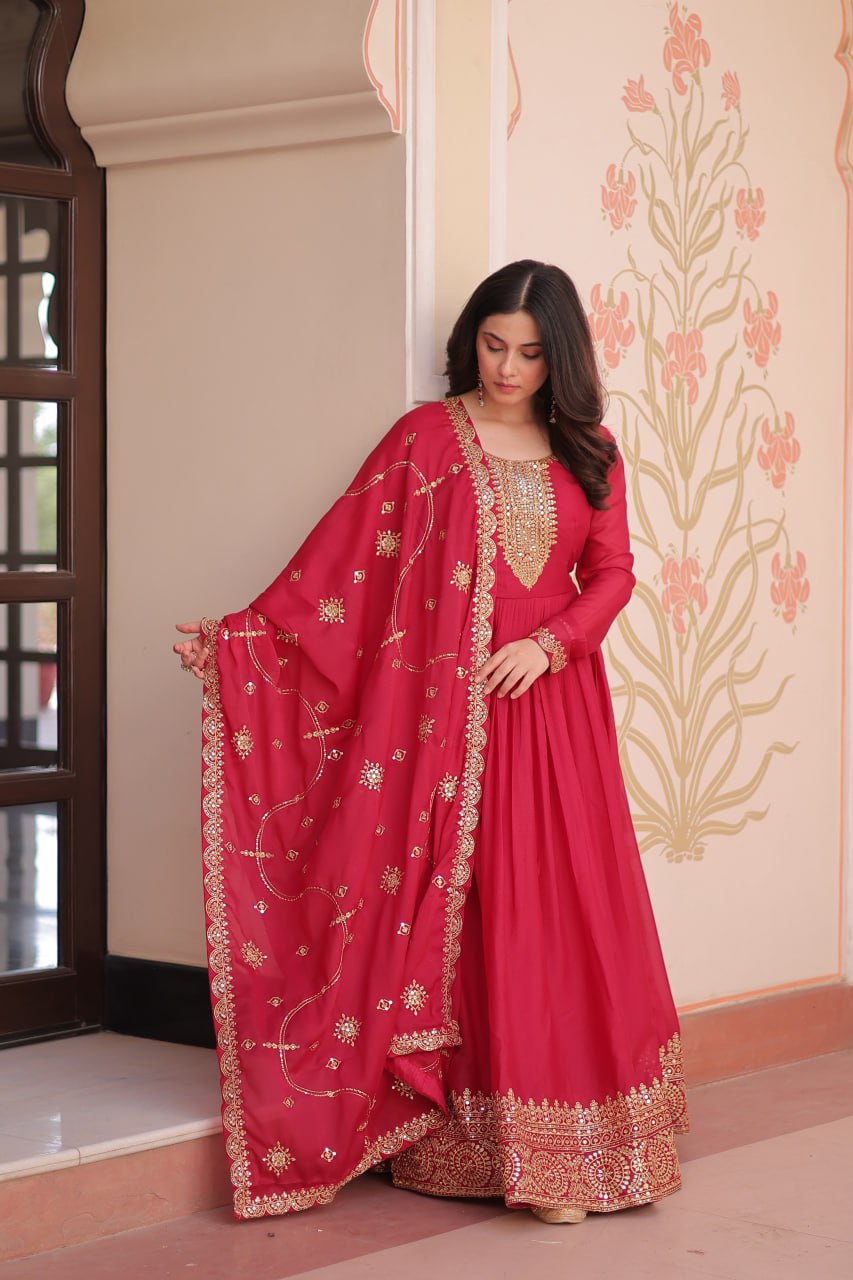 Rani Pink Elegant Star Georgette Gown with Zari & Sequins Embroidery and Designer Dupatta ClothsVilla