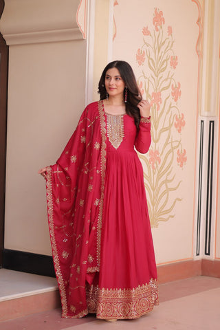 Rani Pink Elegant Star Georgette Gown with Zari & Sequins Embroidery and Designer Dupatta ClothsVilla