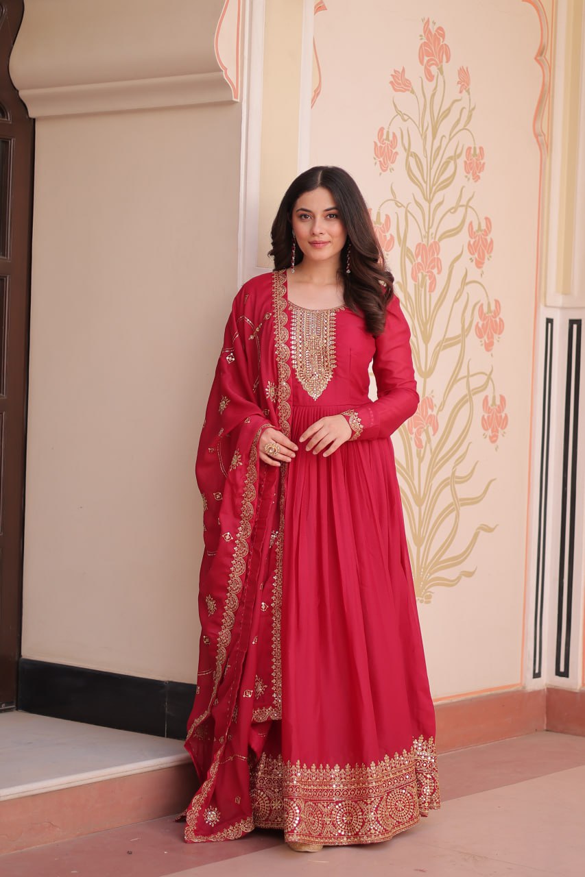 Rani Pink Elegant Star Georgette Gown with Zari & Sequins Embroidery and Designer Dupatta ClothsVilla