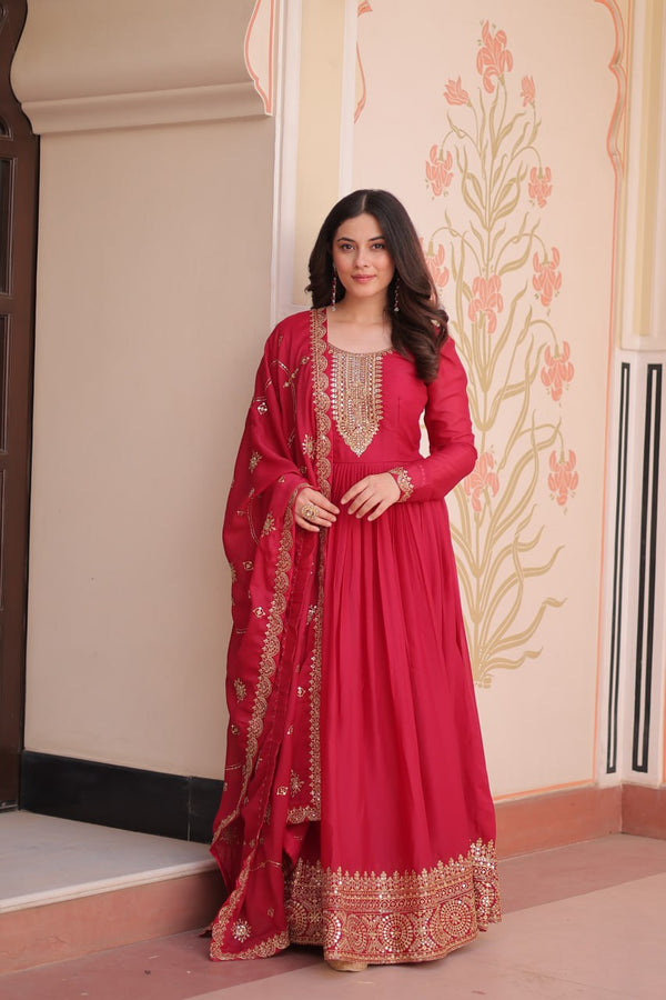 Rani Pink Elegant Star Georgette Gown with Zari & Sequins Embroidery and Designer Dupatta ClothsVilla