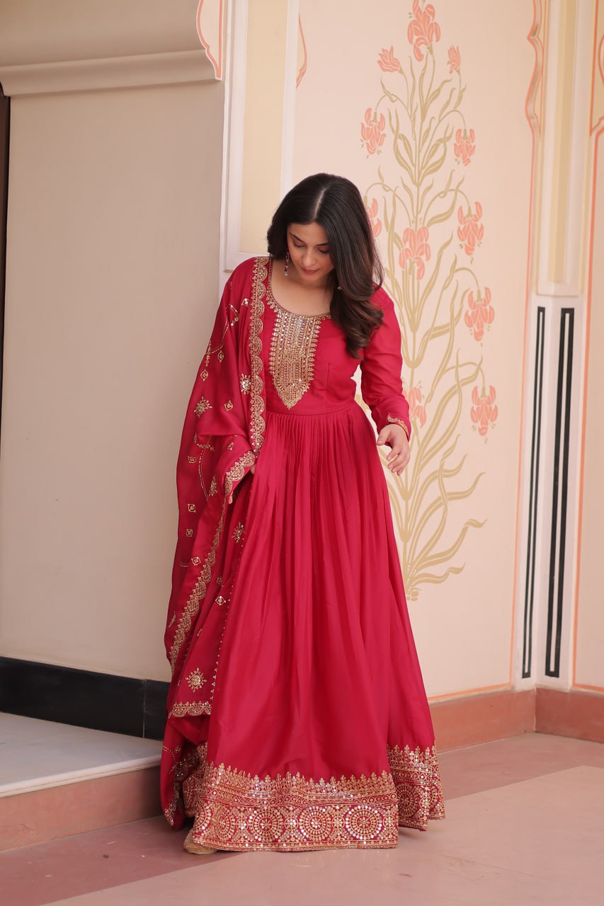 Rani Pink Elegant Star Georgette Gown with Zari & Sequins Embroidery and Designer Dupatta ClothsVilla