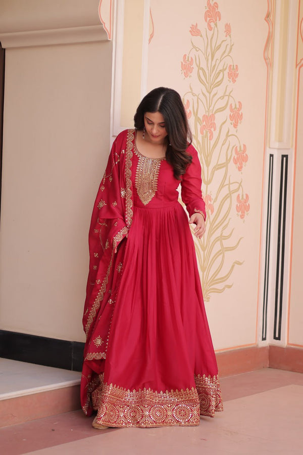Rani Pink Elegant Star Georgette Gown with Zari & Sequins Embroidery and Designer Dupatta ClothsVilla