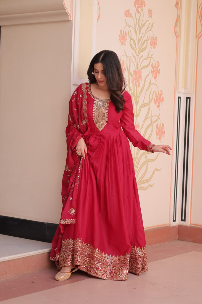 Rani Pink Elegant Star Georgette Gown with Zari & Sequins Embroidery and Designer Dupatta ClothsVilla