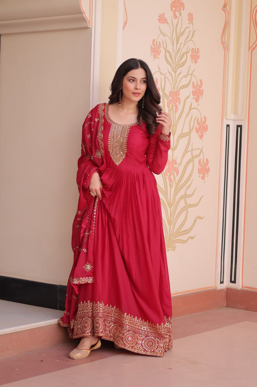 Rani Pink Elegant Star Georgette Gown with Zari & Sequins Embroidery and Designer Dupatta ClothsVilla