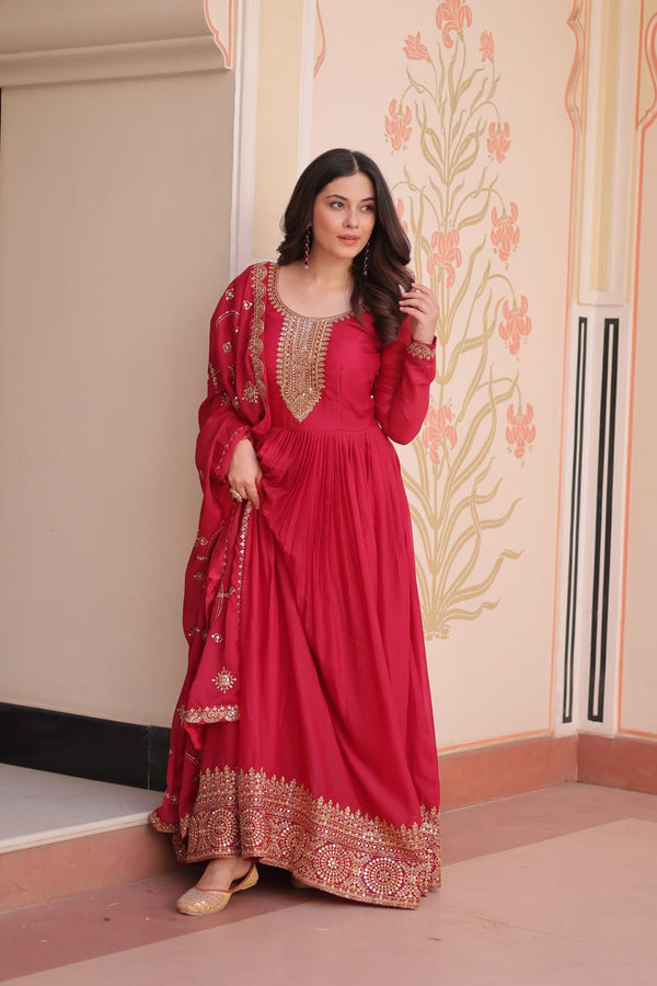 Rani Pink Elegant Star Georgette Gown with Zari & Sequins Embroidery and Designer Dupatta ClothsVilla