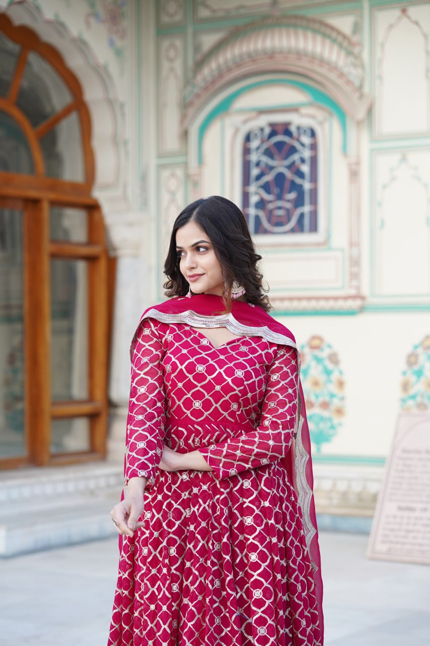 Rani Pink Embroidered Faux Blooming Gown with Sequin Dupatta ClothsVilla