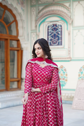 Rani Pink Embroidered Faux Blooming Gown with Sequin Dupatta ClothsVilla