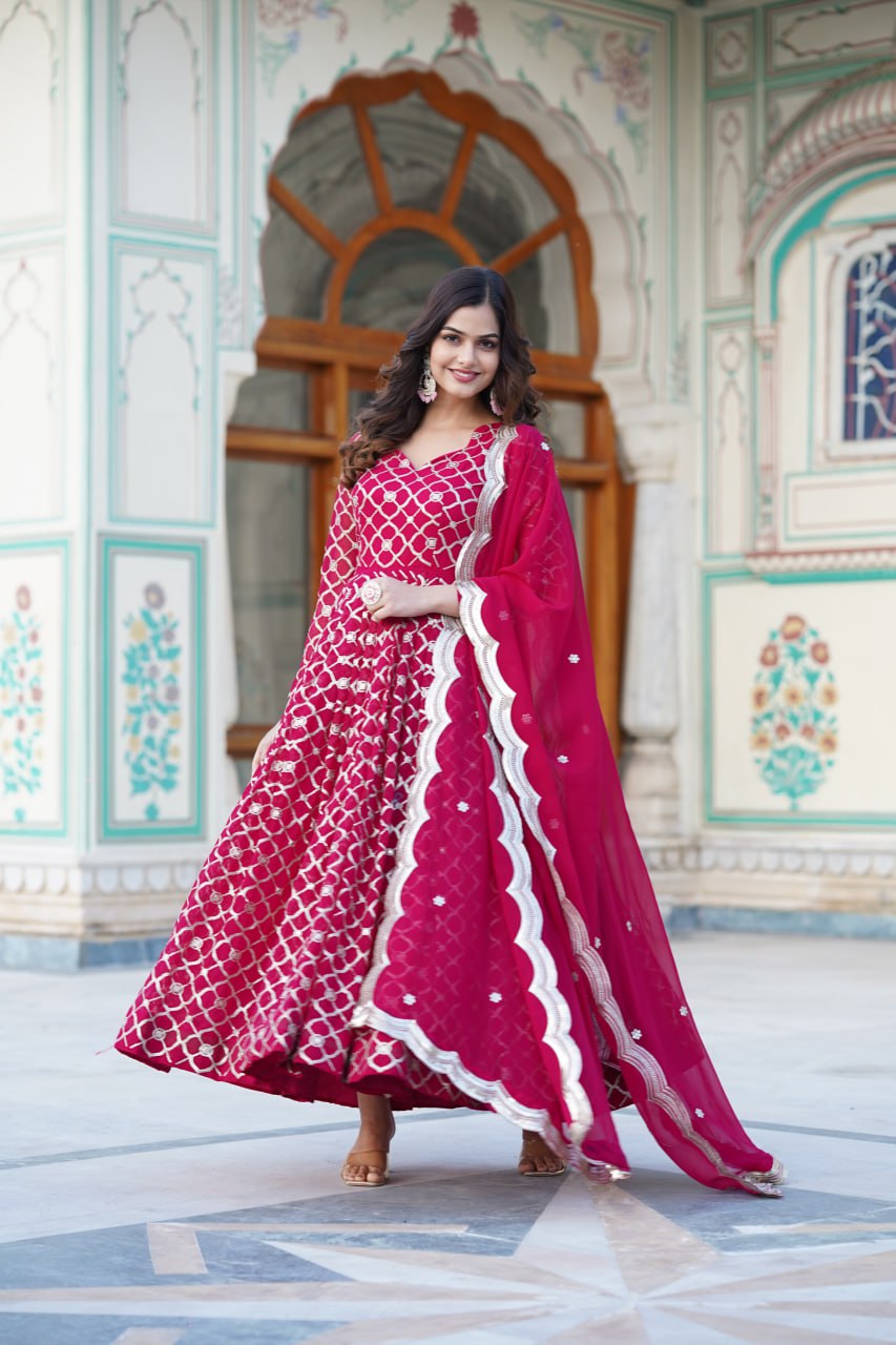 Rani Pink Embroidered Faux Blooming Gown with Sequin Dupatta ClothsVilla