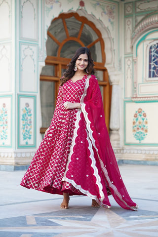 Rani Pink Embroidered Faux Blooming Gown with Sequin Dupatta ClothsVilla