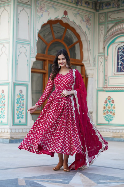 Rani Pink Embroidered Faux Blooming Gown with Sequin Dupatta ClothsVilla Main image