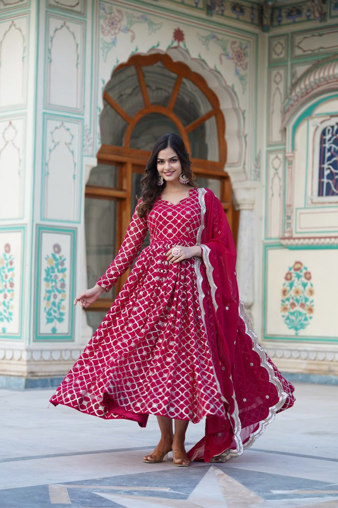 Rani Pink Embroidered Faux Blooming Gown with Sequin Dupatta ClothsVilla