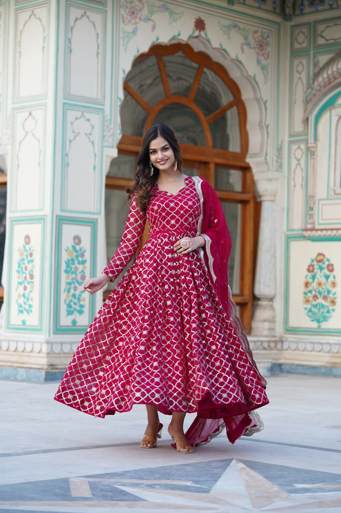 Rani Pink Embroidered Faux Blooming Gown with Sequin Dupatta ClothsVilla