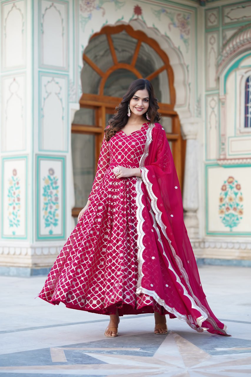 Rani Pink Embroidered Faux Blooming Gown with Sequin Dupatta ClothsVilla