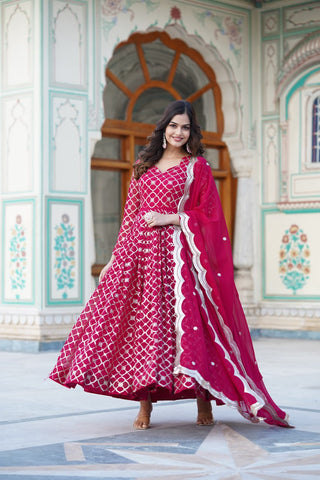 Rani Pink Embroidered Faux Blooming Gown with Sequin Dupatta ClothsVilla