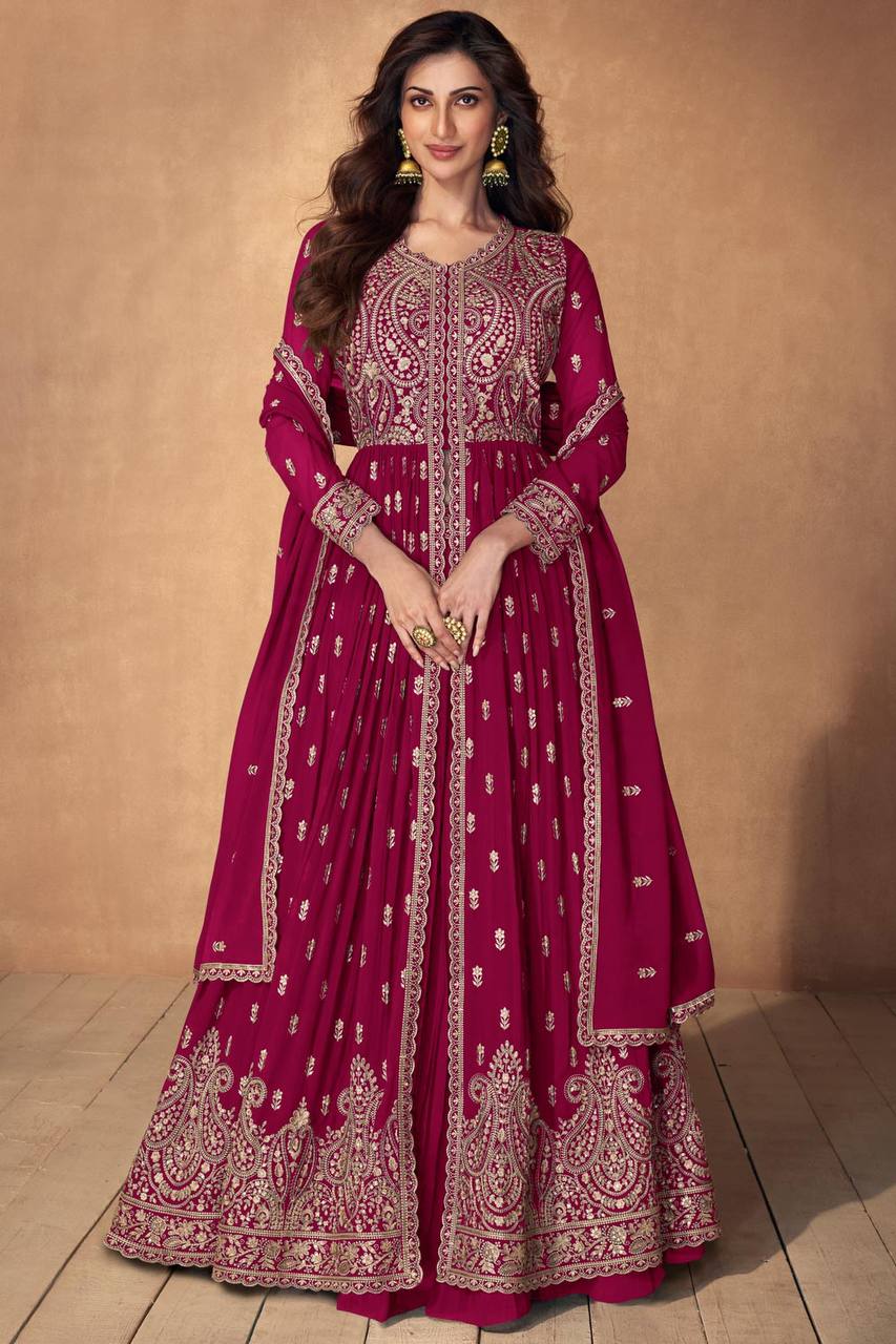 Rani Pink Embroidered Faux Georgette Lehenga Set with Dupatta ClothsVilla