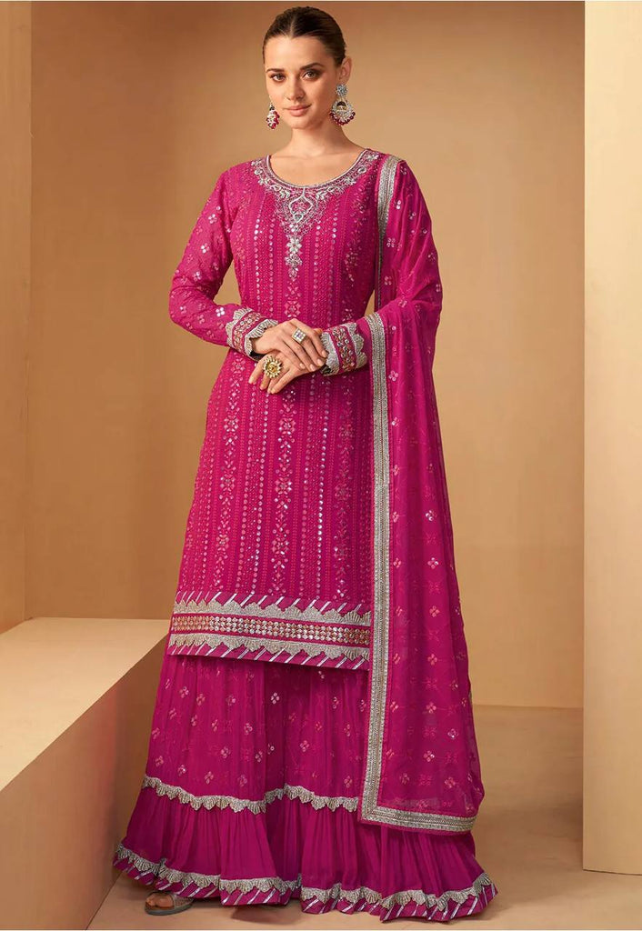 Designer Pink Wedding Split Anarkali with Blue Lehenga and Embellishment -