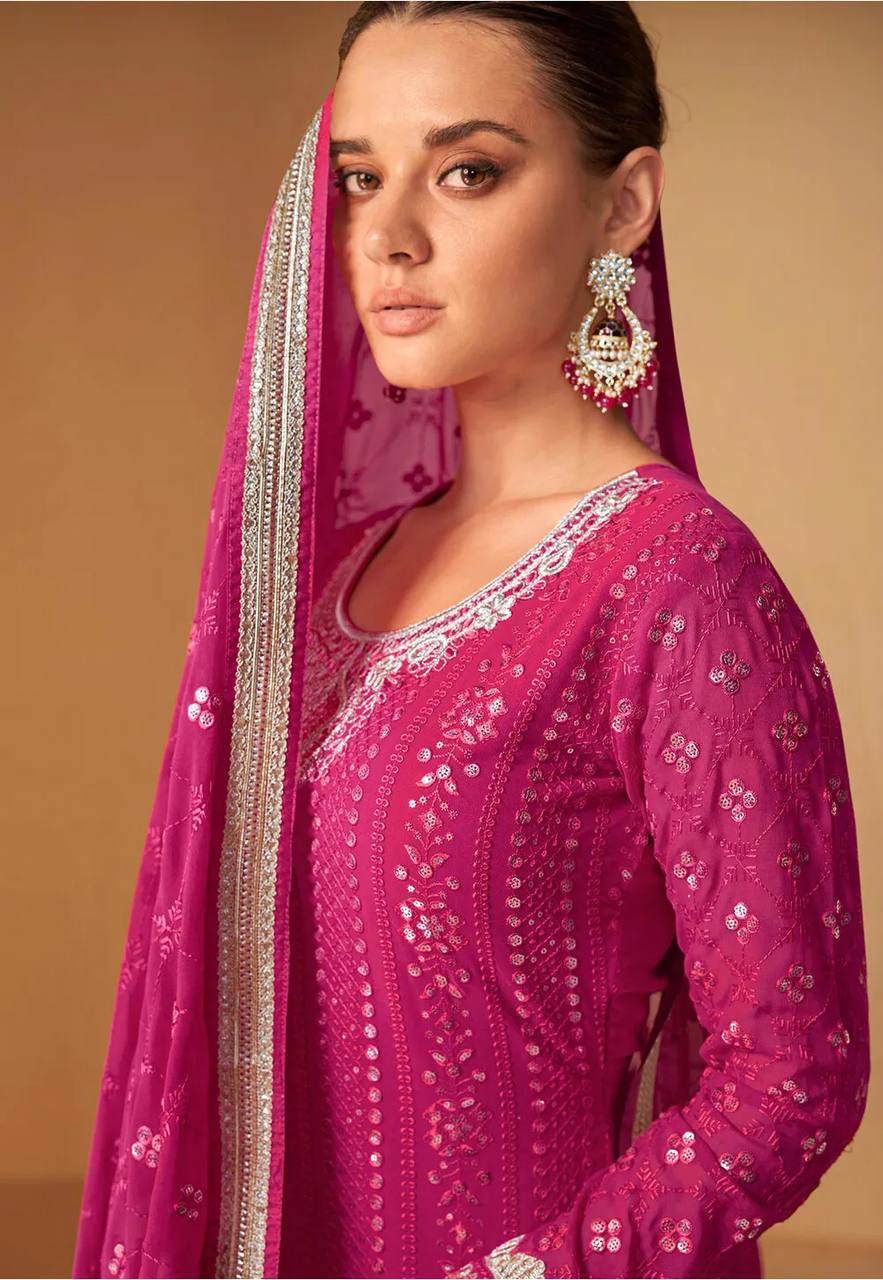Rani Pink Embroidered Georgette Anarkali Lehenga Suit