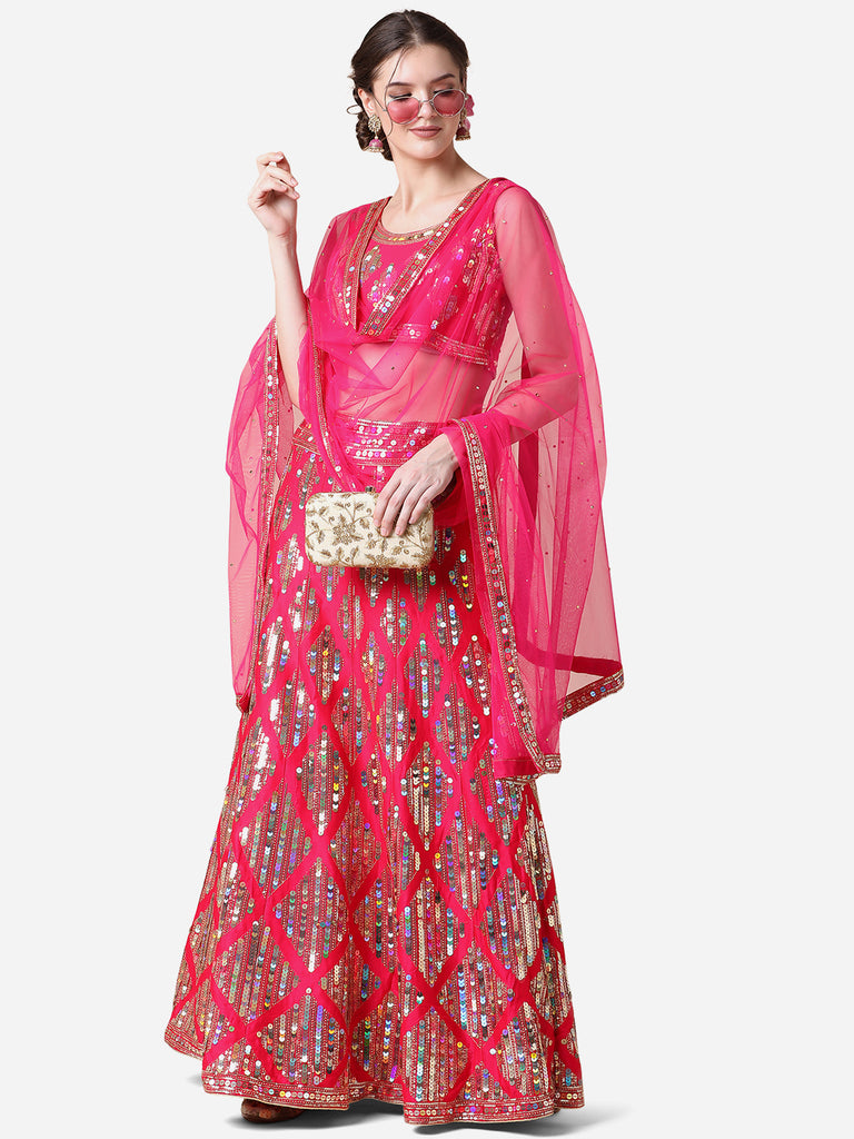 Rani Pink Embroidered Malai Satin Lehenga Choli for Parties ClothsVilla