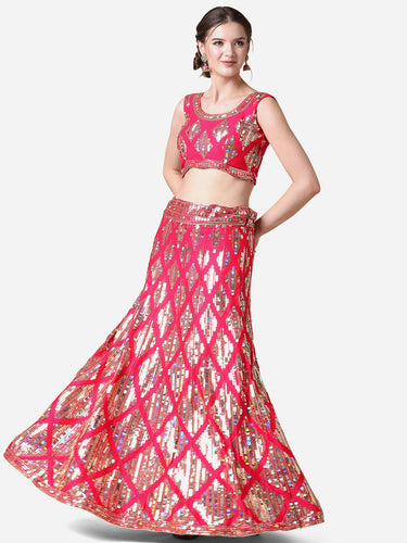 Rani Pink Embroidered Malai Satin Lehenga Choli for Parties ClothsVilla