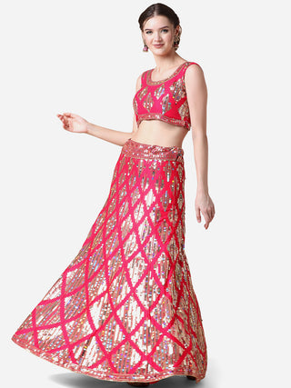 Rani Pink Embroidered Malai Satin Lehenga Choli for Parties ClothsVilla