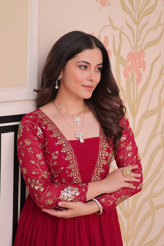 Rani Pink Faux Blooming Fabric Embroidered Gown with 12-Meter Flair & Fancy V-Neck Design ClothsVilla