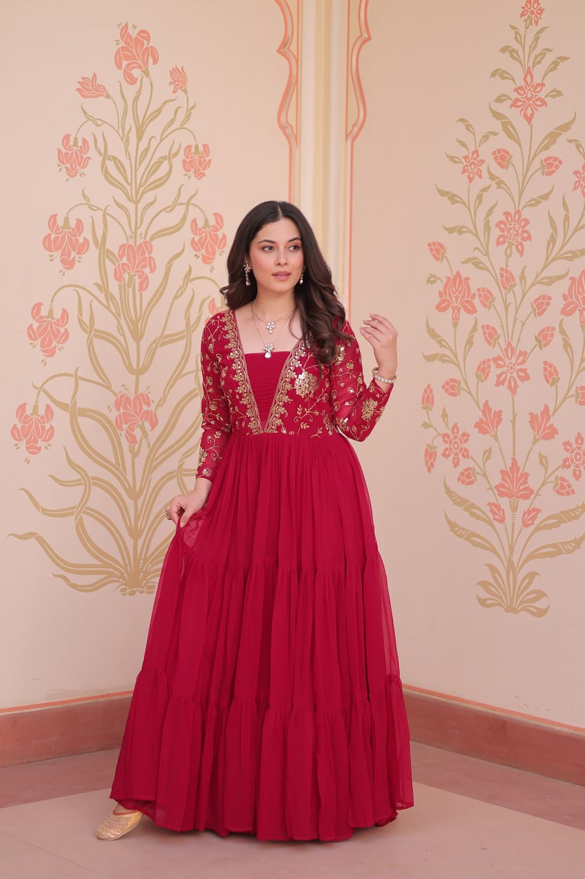 Rani Pink Faux Blooming Fabric Embroidered Gown with 12-Meter Flair & Fancy V-Neck Design ClothsVilla