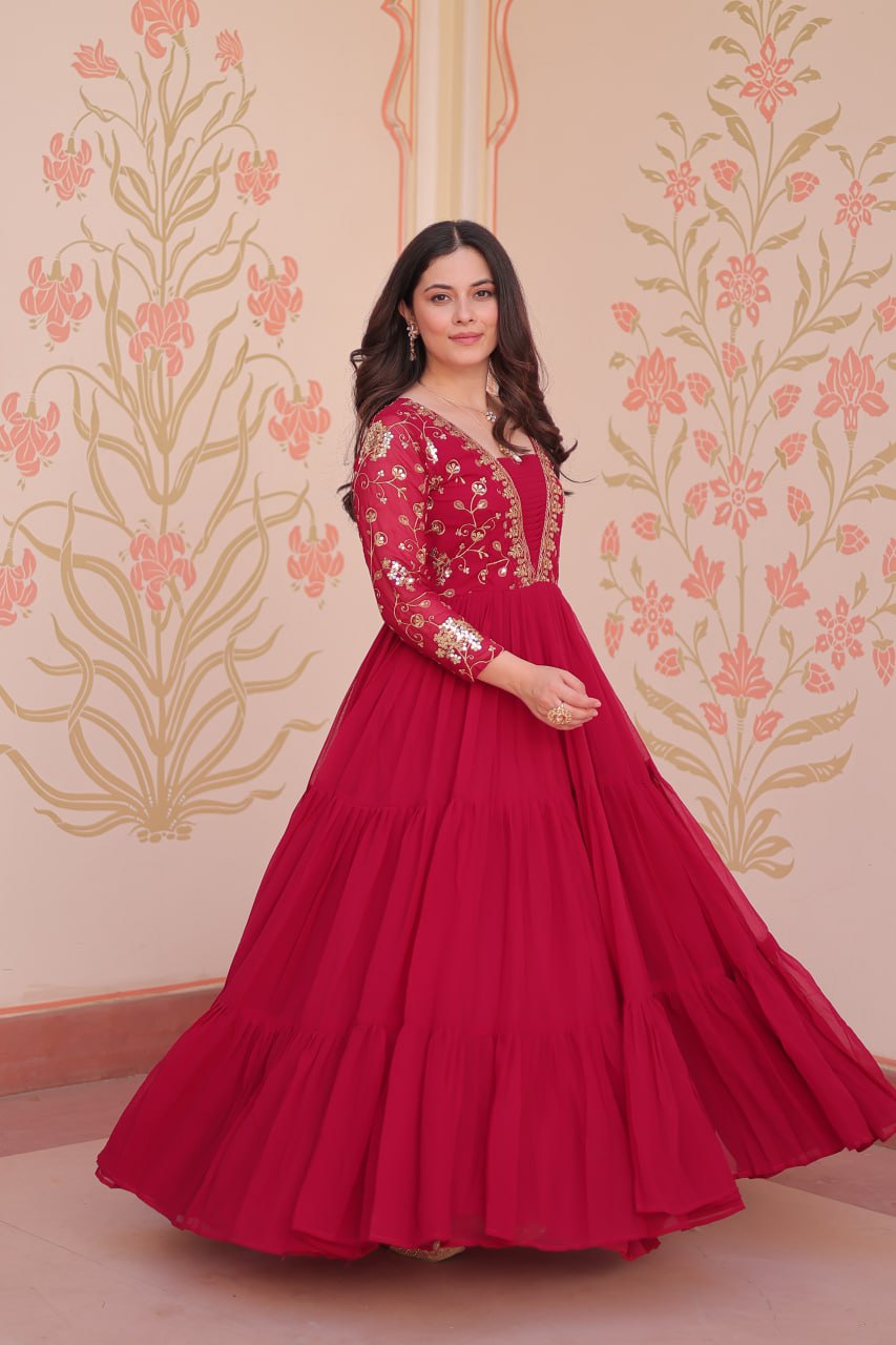 Rani Pink Faux Blooming Fabric Embroidered Gown with 12-Meter Flair & Fancy V-Neck Design ClothsVilla