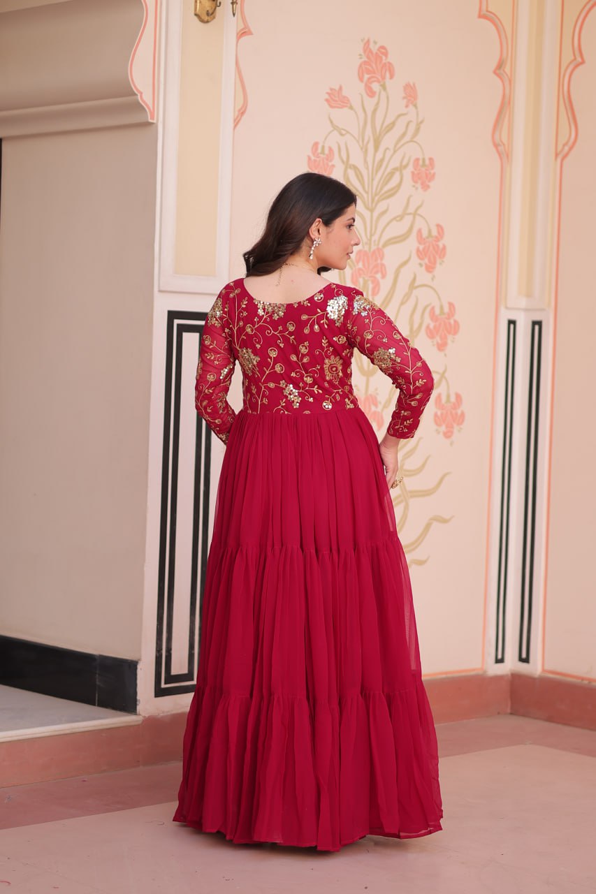 Rani Pink Faux Blooming Fabric Embroidered Gown with 12-Meter Flair & Fancy V-Neck Design ClothsVilla