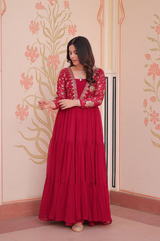Rani Pink Faux Blooming Fabric Embroidered Gown with 12-Meter Flair & Fancy V-Neck Design ClothsVilla