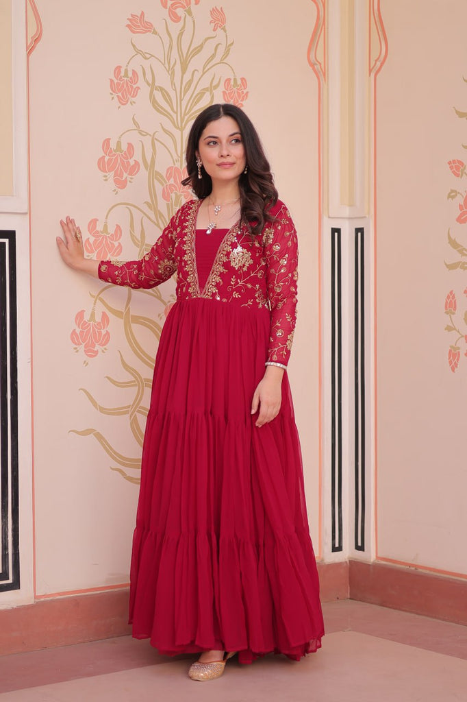 Rani Pink Faux Blooming Fabric Embroidered Gown with 12-Meter Flair & Fancy V-Neck Design ClothsVilla
