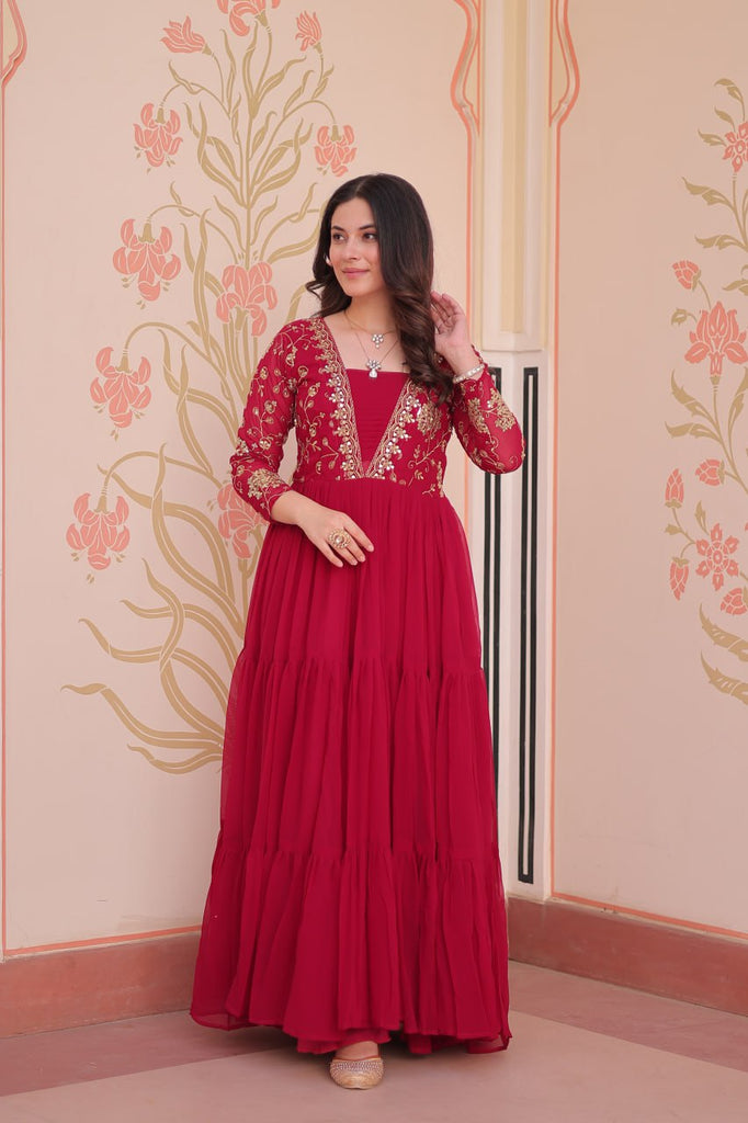 Rani Pink Faux Blooming Fabric Embroidered Gown with 12-Meter Flair & Fancy V-Neck Design ClothsVilla