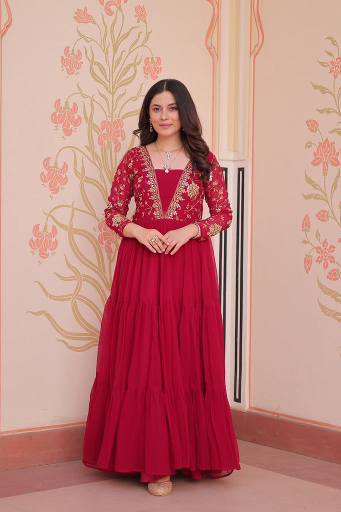 Rani Pink Faux Blooming Fabric Embroidered Gown with 12-Meter Flair & Fancy V-Neck Design ClothsVilla