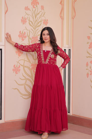 Rani Pink Faux Blooming Fabric Embroidered Gown with 12-Meter Flair & Fancy V-Neck Design ClothsVilla