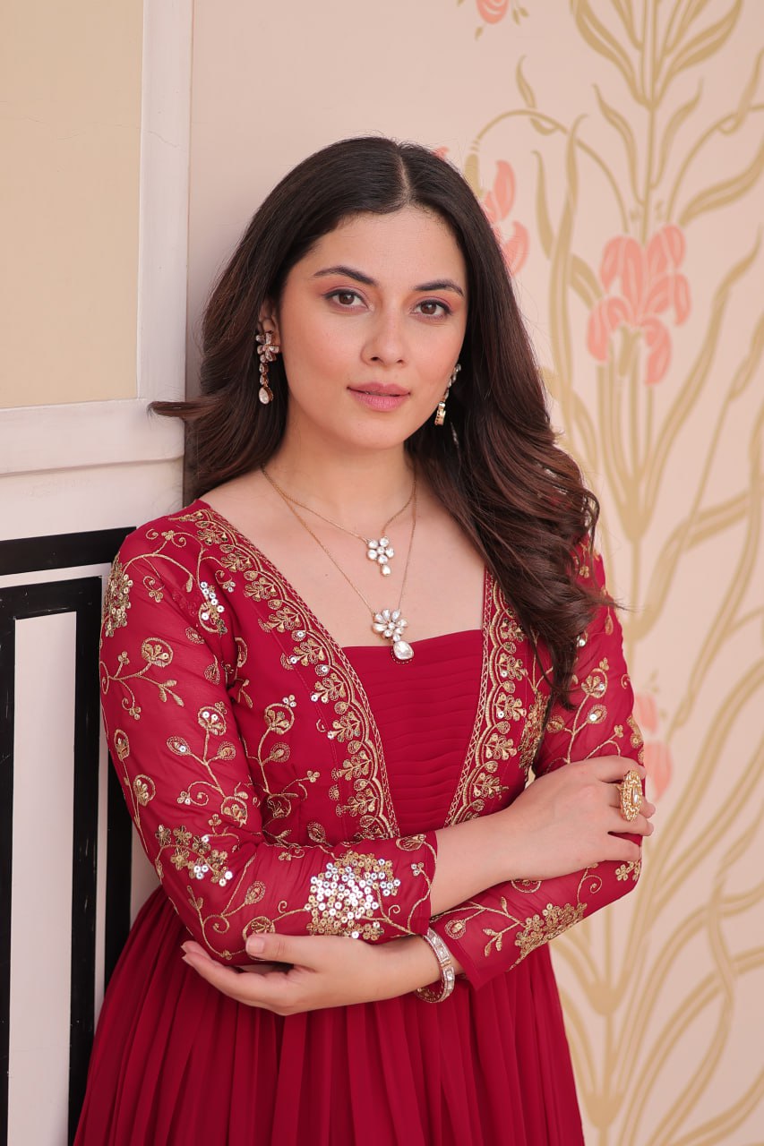 Rani Pink Faux Blooming Fabric Embroidered Gown with 12-Meter Flair & Fancy V-Neck Design ClothsVilla