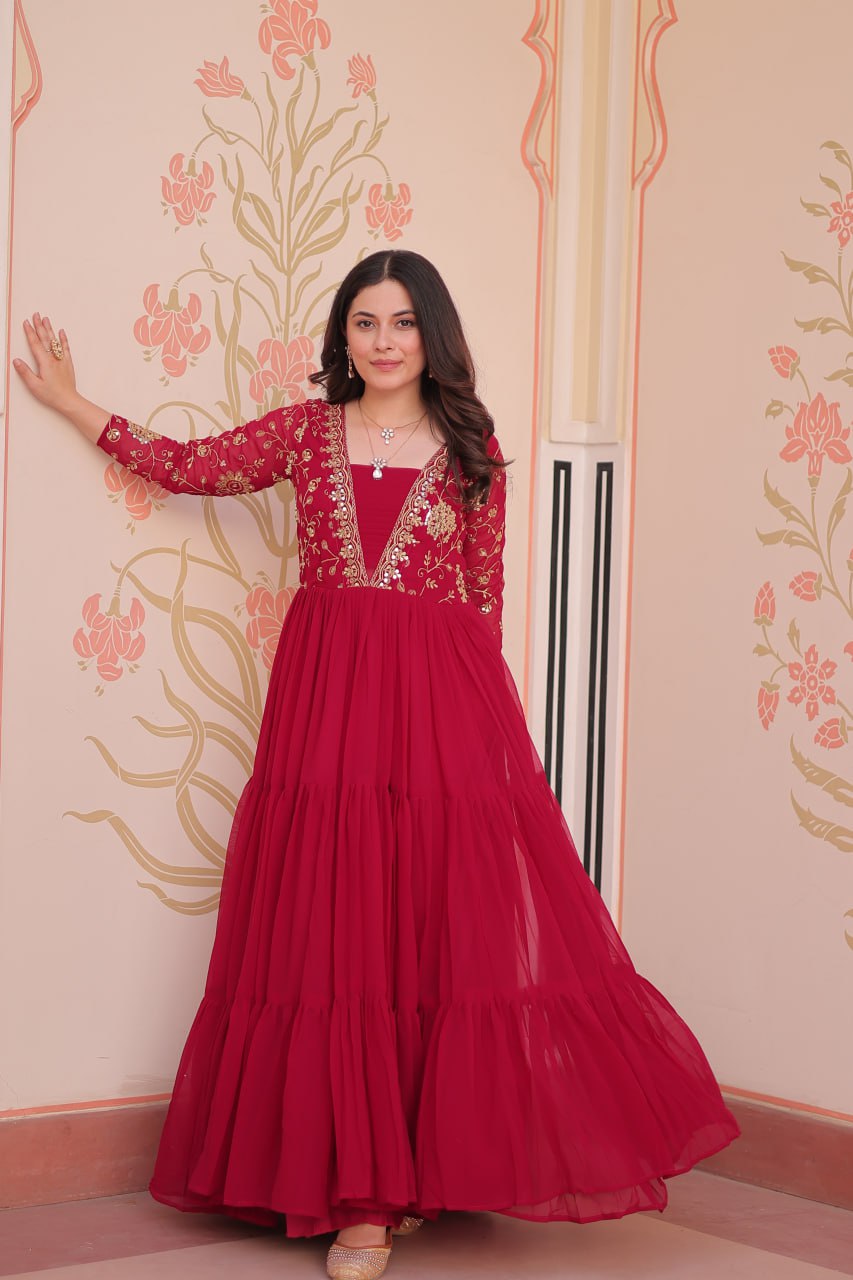 Rani Pink Faux Blooming Fabric Embroidered Gown with 12-Meter Flair & Fancy V-Neck Design ClothsVilla