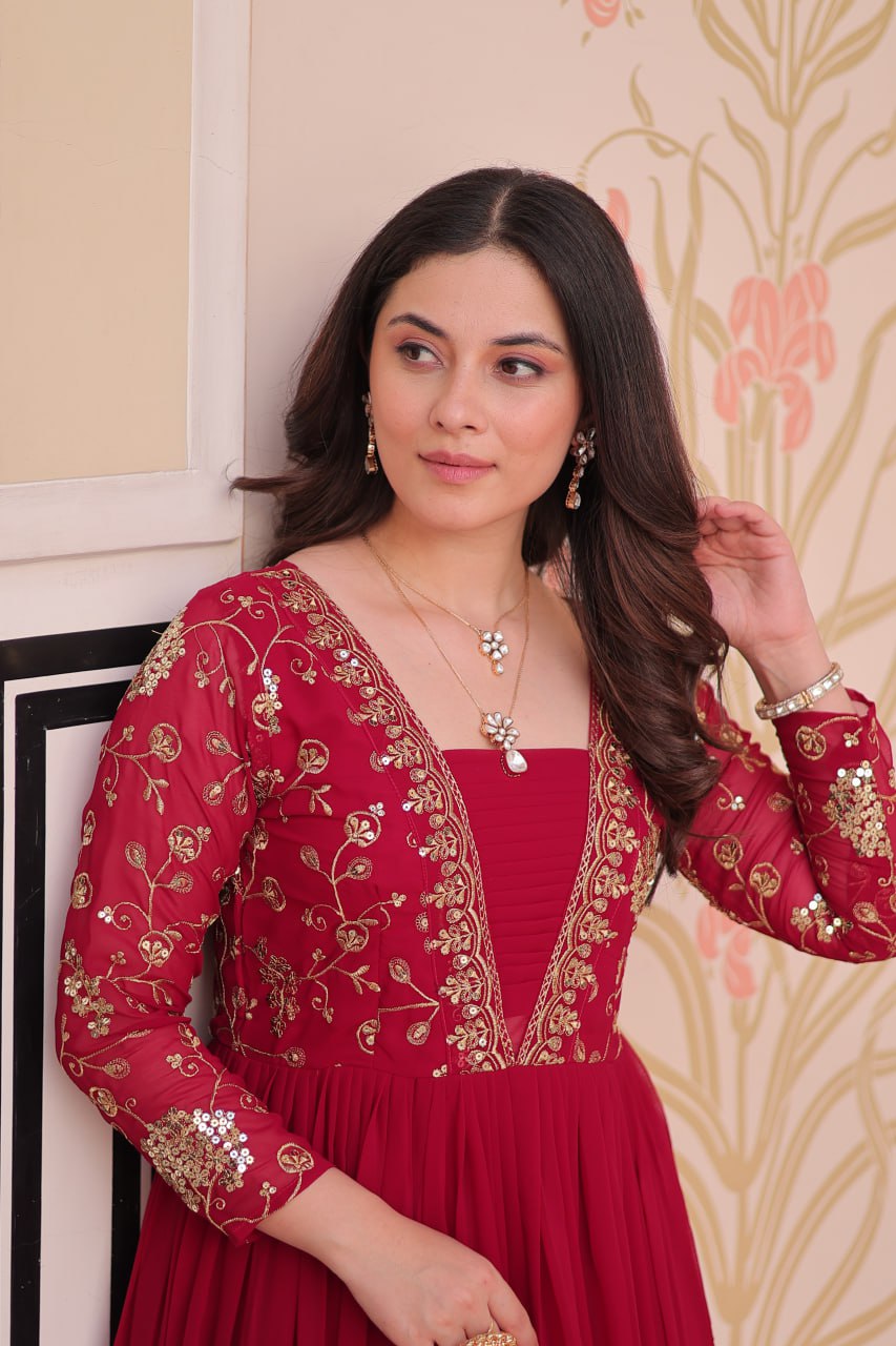 Rani Pink Faux Blooming Fabric Embroidered Gown with 12-Meter Flair & Fancy V-Neck Design ClothsVilla