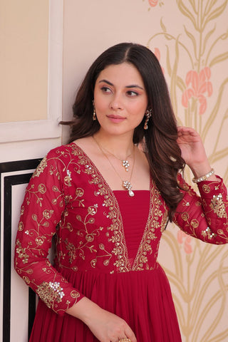 Rani Pink Faux Blooming Fabric Embroidered Gown with 12-Meter Flair & Fancy V-Neck Design ClothsVilla