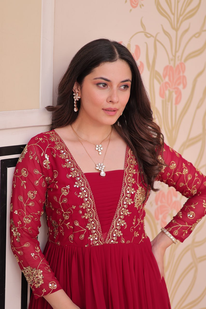 Rani Pink Faux Blooming Fabric Embroidered Gown with 12-Meter Flair & Fancy V-Neck Design ClothsVilla