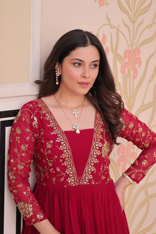Rani Pink Faux Blooming Fabric Embroidered Gown with 12-Meter Flair & Fancy V-Neck Design ClothsVilla
