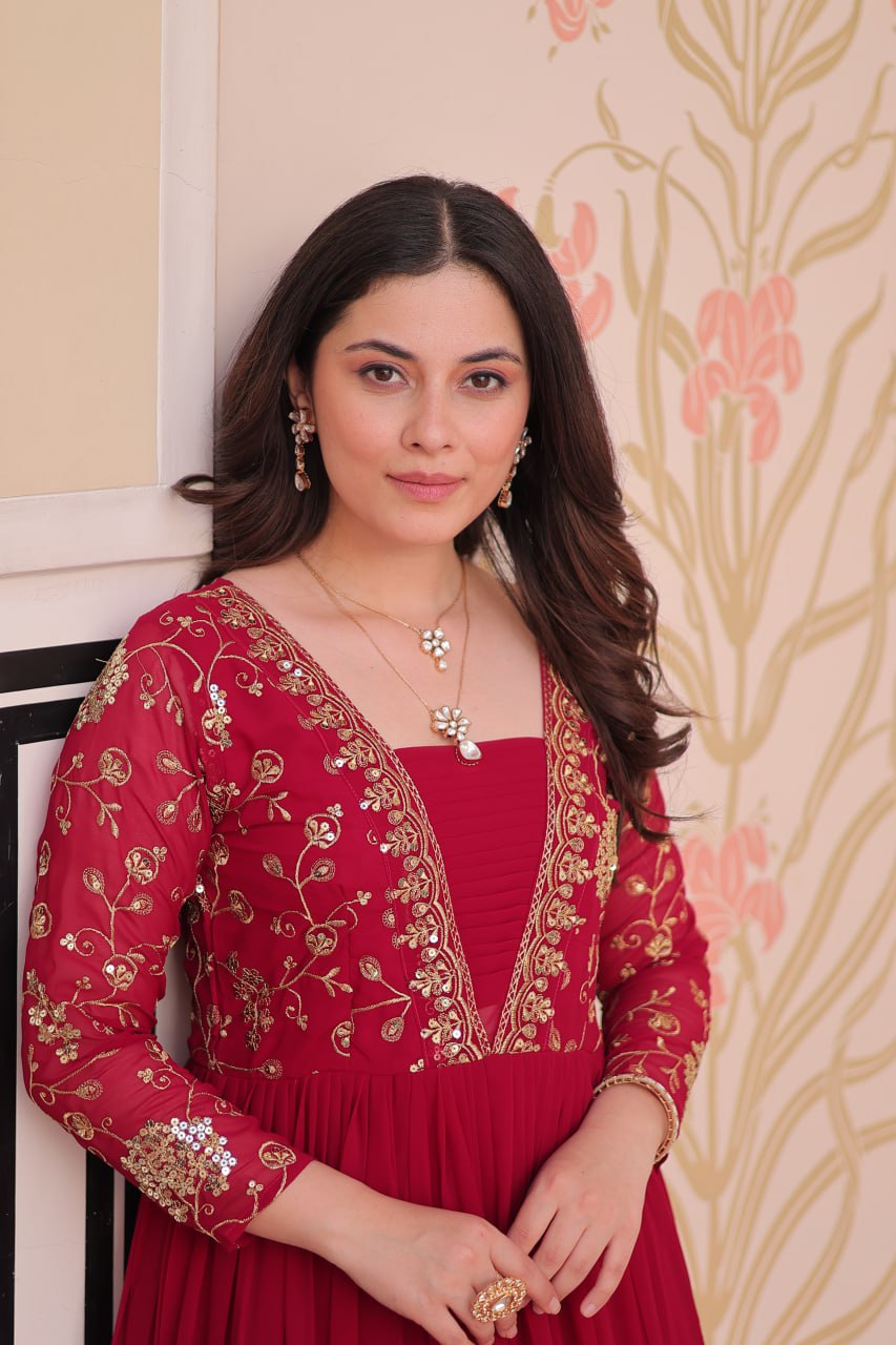 Rani Pink Faux Blooming Fabric Embroidered Gown with 12-Meter Flair & Fancy V-Neck Design ClothsVilla