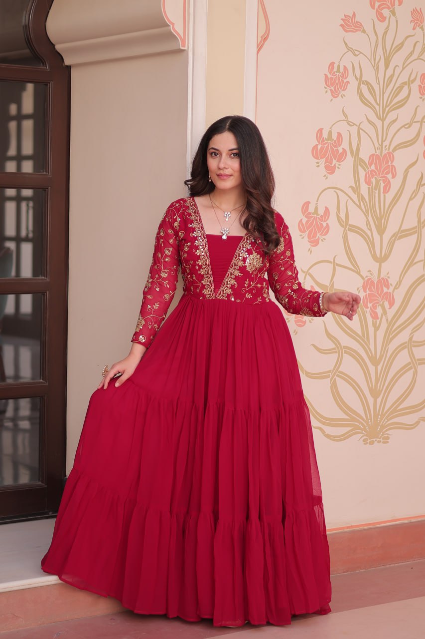 Rani Pink Faux Blooming Fabric Embroidered Gown with 12-Meter Flair & Fancy V-Neck Design ClothsVilla