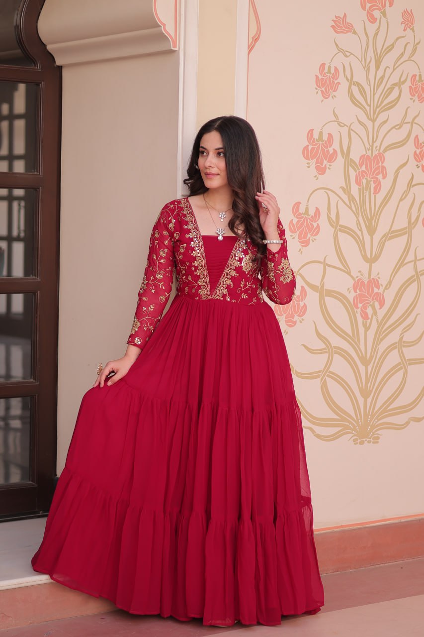 Rani Pink Faux Blooming Fabric Embroidered Gown with 12-Meter Flair & Fancy V-Neck Design ClothsVilla