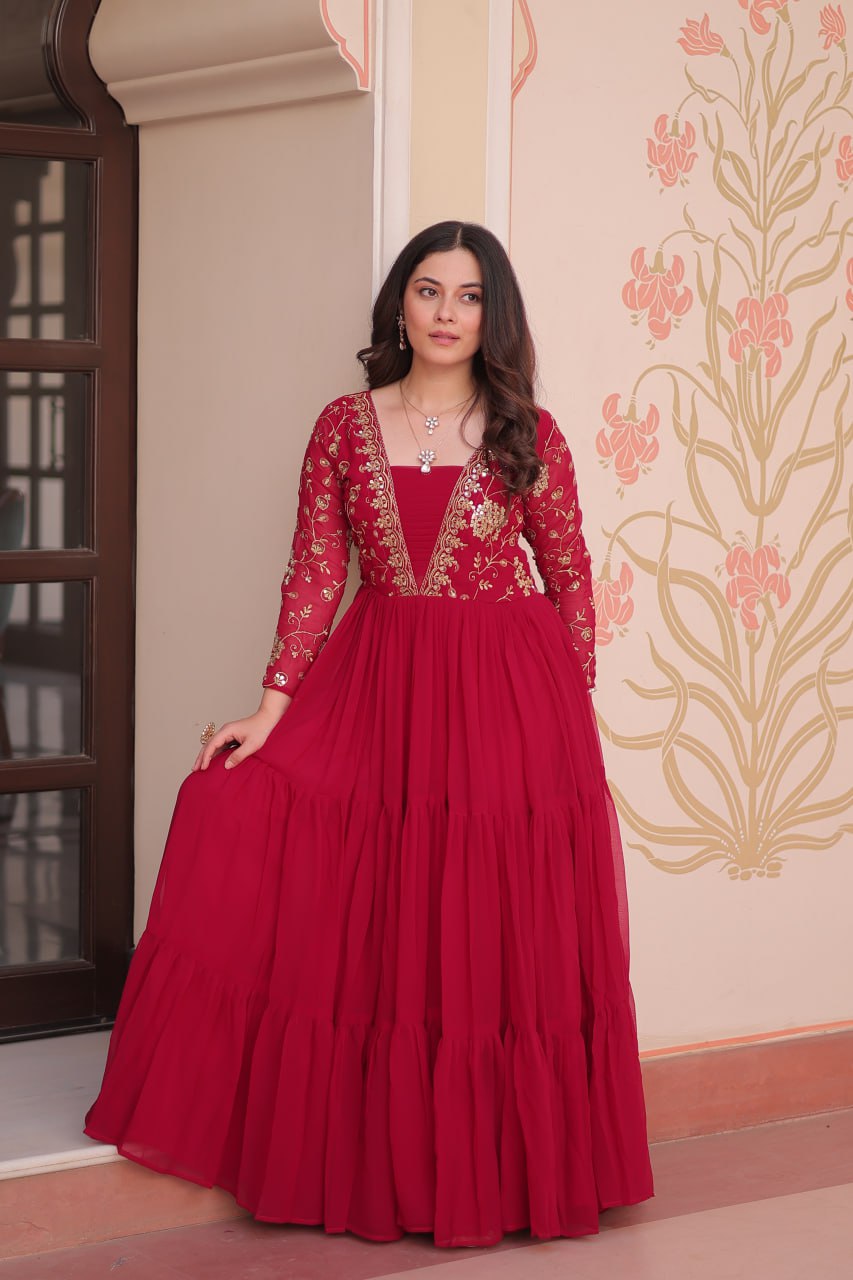 Rani Pink Faux Blooming Fabric Embroidered Gown with 12-Meter Flair & Fancy V-Neck Design ClothsVilla