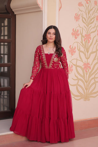 Rani Pink Faux Blooming Fabric Embroidered Gown with 12-Meter Flair & Fancy V-Neck Design ClothsVilla